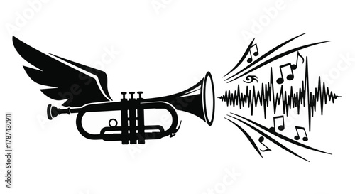 Winged trumpet blasts vibrant musical notes and soundwaves, symbolizing powerful audio expression.