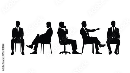 Businessmen Sitting Silhouettes Set. Vector Illustration of Men in Suits in Various Poses on Chairs.
