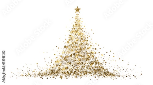 Golden christmas tree made of stars on a white background with a golden star on top of the tree