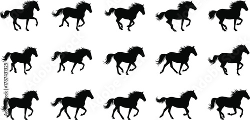 Galloping horse silhouettes, dynamic equine motion sequence, black horse running stages, animal locomotion illustration, horse gait biomechanics, horse animation reference, equestrian art