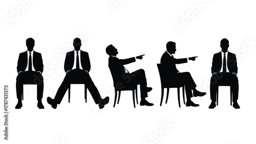 Businessmen Silhouettes Sitting on Chairs Vector Illustration Set. Various Poses, Postures, and Gestures of Corporate Men, Including Pointing