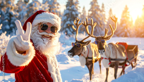 Santa Claus takes a selfie with a cool reindeer wearing sunglasses in the snow in winter, giving a joyful and fun Christmas atmosphere.