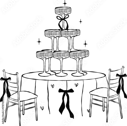 Champagne tower illustration with elegant sparkling wine glasseson dinner party table, perfect for weddings, celebrations, and luxury event design projects.