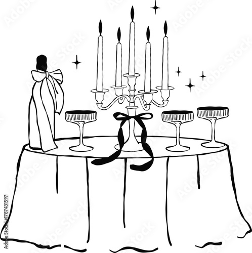 Save the date illustration featuring a refined wedding dinner table with minimalist elegance, perfect for upscale invitation cards and romantic event branding.