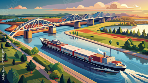 Very beautiful aerial view of a large barge traveling under the Dale Gardner Veterans Memorial Bridge at Savanna, Illinois, on the Mississippi River, featuring sweeping bridge lines, calm reflective 