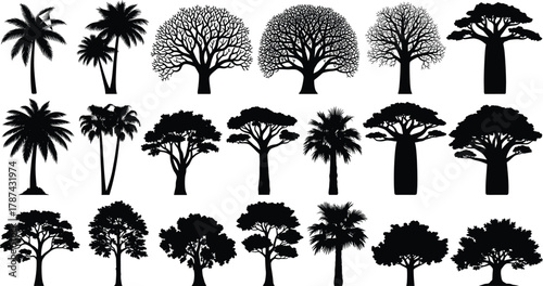 Silhouette collection of diverse trees, palm, baobab, deciduous, forest, nature, landscape, foliage, botanical shapes, isolated black vector illustration set