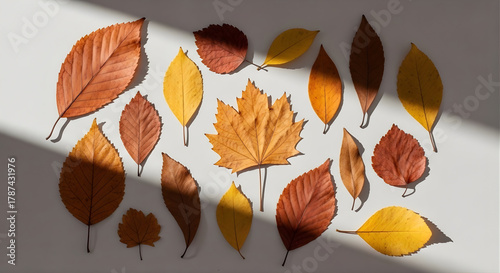 Dried leaves pattern on neutral background with soft daylight