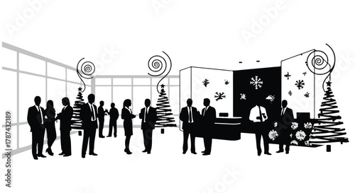 Diverse group of professionals gathered in a modern office space adorned with festive holiday decorations.
