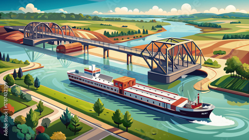 Very beautiful aerial view of a large barge traveling under the Dale Gardner Veterans Memorial Bridge at Savanna, Illinois, on the Mississippi River, featuring sweeping bridge lines, calm reflective 