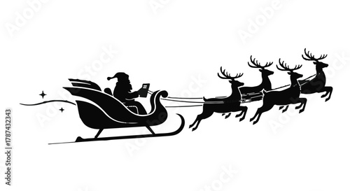 Santa Claus soaring through the night sky in his sleigh pulled by reindeer