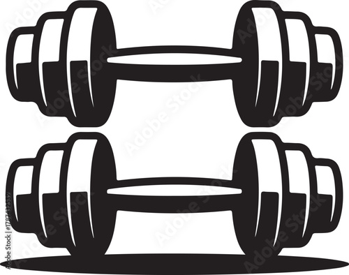 Two black dumbbell vector icons for fitness and workout equipment isolated on a dark background
