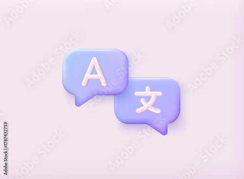 Translation chat bubbles with letter icons. Online language learning, communication and translation app concept. 3D Vector Web Illustration.
