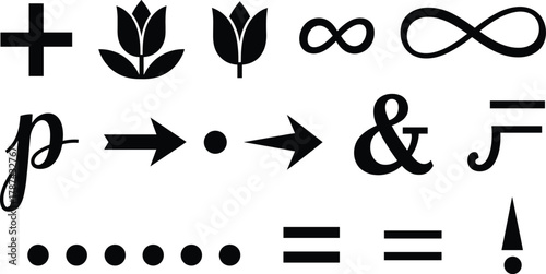 Minimalist symbols collection, typography icons, mathematical signs, infinity symbol, ampersand, arrows, decorative tulip flower, exclamation mark, abstract design elements, modern graphic set