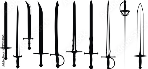 Silhouette swords collection, medieval weapons, fantasy blades, historical armory, warrior gear, fencing rapiers, samurai katana, ancient sabers, battle tools, combat art