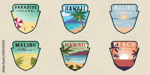set of beach or island emblem logo modern vector illustration template icon graphic design. bundle collection of various nature concept sign or symbol for business travel adventure