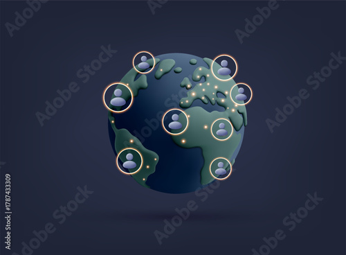Global network with connected people icons around Earth. Digital communication, technology and worldwide connection concept. 3D Vector Web Illustration.