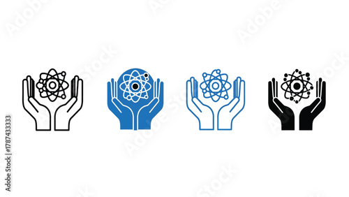 Hands Holding Atom Icon Set. Science, Research, Technology, and Physics Concept Vector Illustration