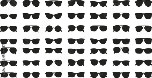 Sunglasses silhouettes collection, fashion eyewear icons, trendy glasses shapes, stylish frames, modern accessories, optical design set, vector illustration