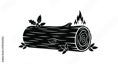 Festive Yule log with holly and flames, symbolizing winter holidays and warmth.