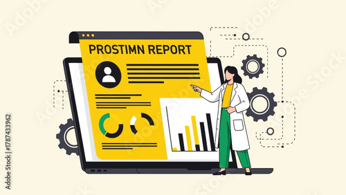 Female Professional Presenting Technical Data Report on Laptop Screen Vector Illustration