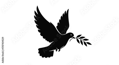 Symbol of peace, a dove with an olive branch in its beak, flying with wings spread wide.