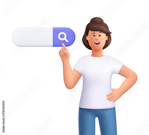 Young smiling woman Jane pointing at search bar with magnifying glass. Online search, web browsing, internet query, technology concept. 3d vector people character. Cartoon minimal style.