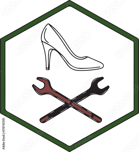 High Heel Shoe Repair Logo with Crossed Wrenches in Hexagon Minimal Vector Icon Design
