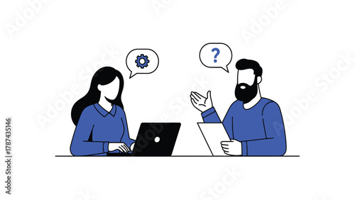 Business Collaboration and Problem Solving Vector Illustration. Two colleagues discussing ideas, consultation, strategy meeting, question and answer exchange symbolized by gear and question mark icons