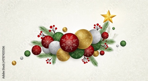 Christmas decorations with colorful ornaments and greenery on white background  