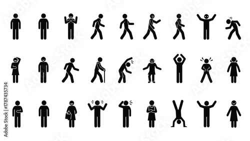 Universal Stick Figure Pictogram Set Showing Diverse Human Actions, Movements, and Emotions - Vector Icon Collection