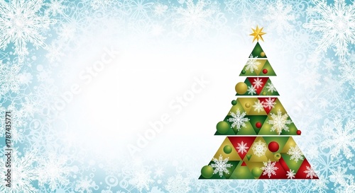Colorful Christmas tree with ornaments on a snowy background  