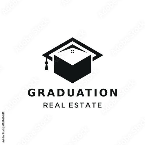 Modern Graduation Cap with minimalist house symbol For real estate business education academic or success logo design