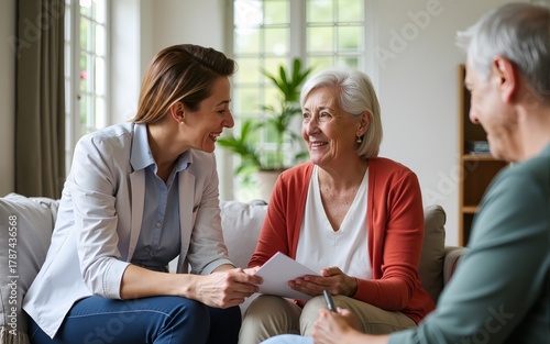 Social worker meeting elder couple during visit at home. High quality