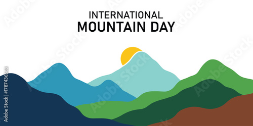 International mountain day graphic with colorful abstract mountain ranges and sun