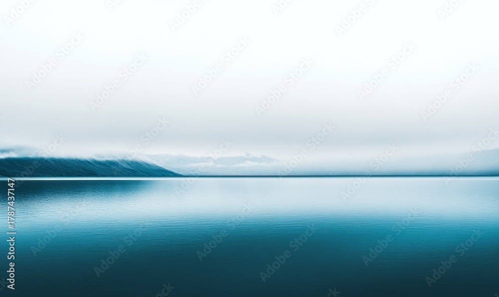 Fototapeta premium A serene landscape featuring a calm body of water reflecting the overcast sky and distant mountains.