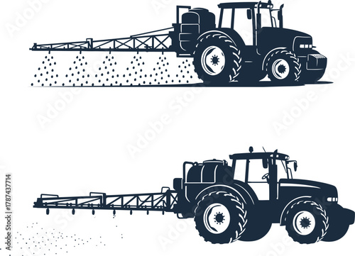 Two agricultural sprayers, one spraying liquid, on white background tractor farming