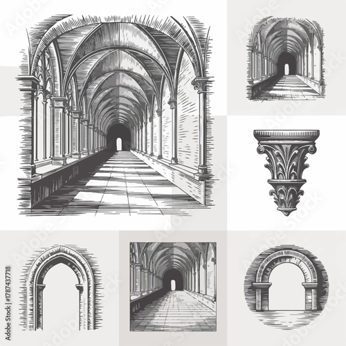  Vaulted Corridor Engraving Set — Matching Vector Assets