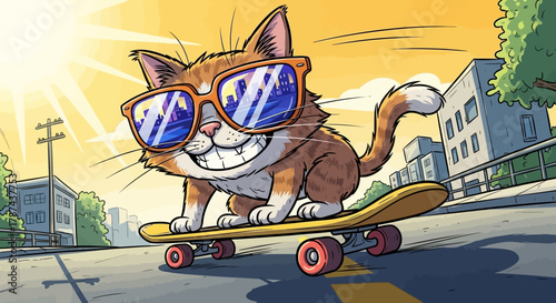 Cartoon cat skateboarding sunglasses cityscape concept illustration