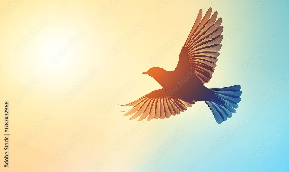 Obraz premium A bird soars gracefully through the sky, its silhouette contrasting against the vibrant colors of the sunrise.