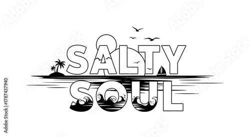 Coastal lifestyle graphic design with waves birds and palm trees