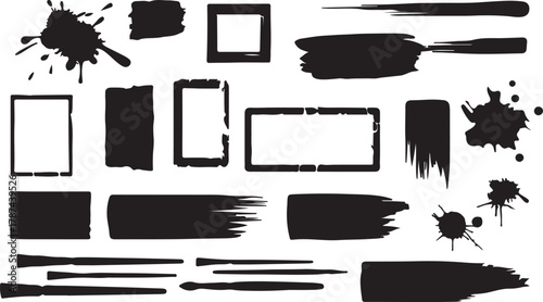 Black set paint, ink brush, brush strokes, brushes, lines, frames, box, grungy. Grungy brushes collection.