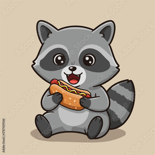 Cute smiling raccoon sitting, happily holding a hot dog in its paws. Vector illustration.