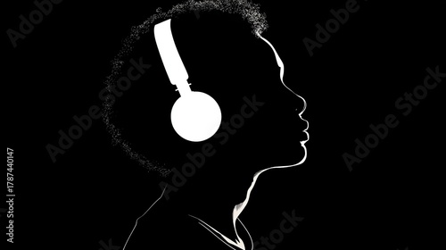 Stylish silhouette of a person with headphones listening to music in black and white, perfect for audiobooks, podcasting, or music streaming