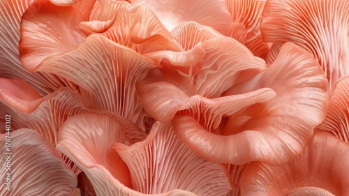 Close-up of vibrant pink mushrooms under a microscope, showcasing intricate details and textures.