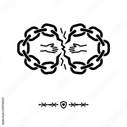 black and white icon featuring a chain made of interlocking human figures, shown either slightly broken or in the process of being reconnected