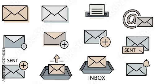 This is a collection of various mail, email, and notification-related icons, displayed as a set.