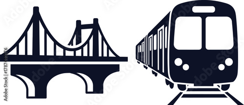 Suspension Bridge and Subway Train Silhouette Icons metro