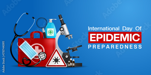 International Day Of Epidemic Preparedness. Mask, virus, medicine, microscope and more. Great for cards, banners, posters, social media and more. Blue background.