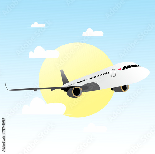 A modern passenger airplane flying in the sky with the sun and clouds in the background, depicted in a clean flat vector style.