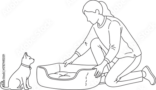 Pet Owner Preparing Cozy Dog Bed for Puppy Line Art Illustration